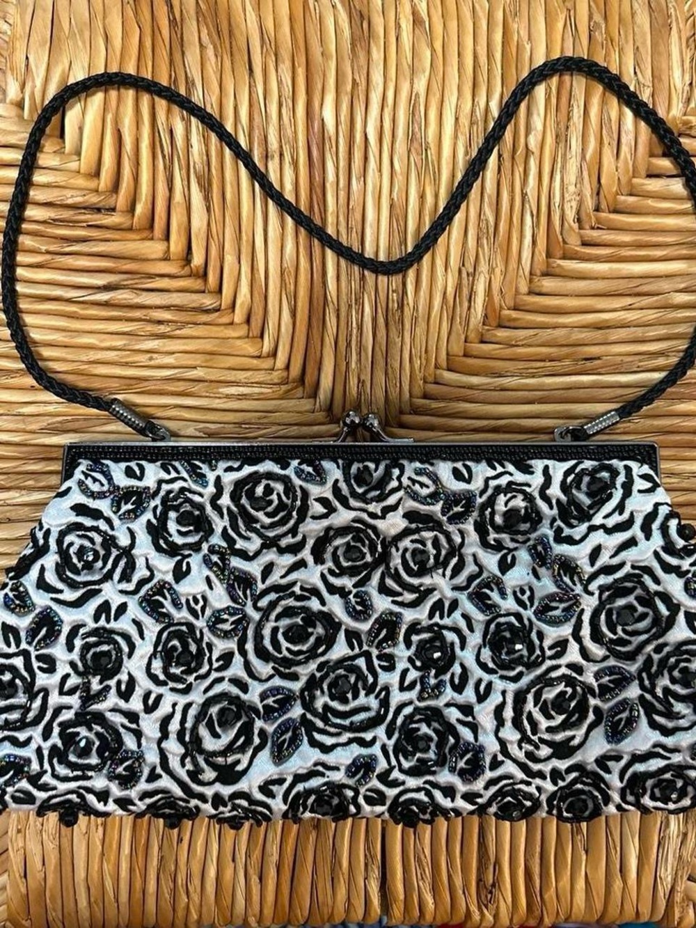 Lancome Black & White Beaded Rose Evening Clutch